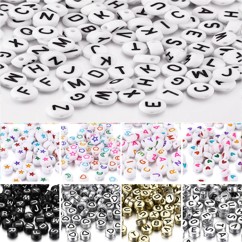 100pcs Mixed Letter Acrylic Beads Round Flat Alphabet Digital Cube Loose Spacer Beads For Jewelry Making Diy Bracelet Findings