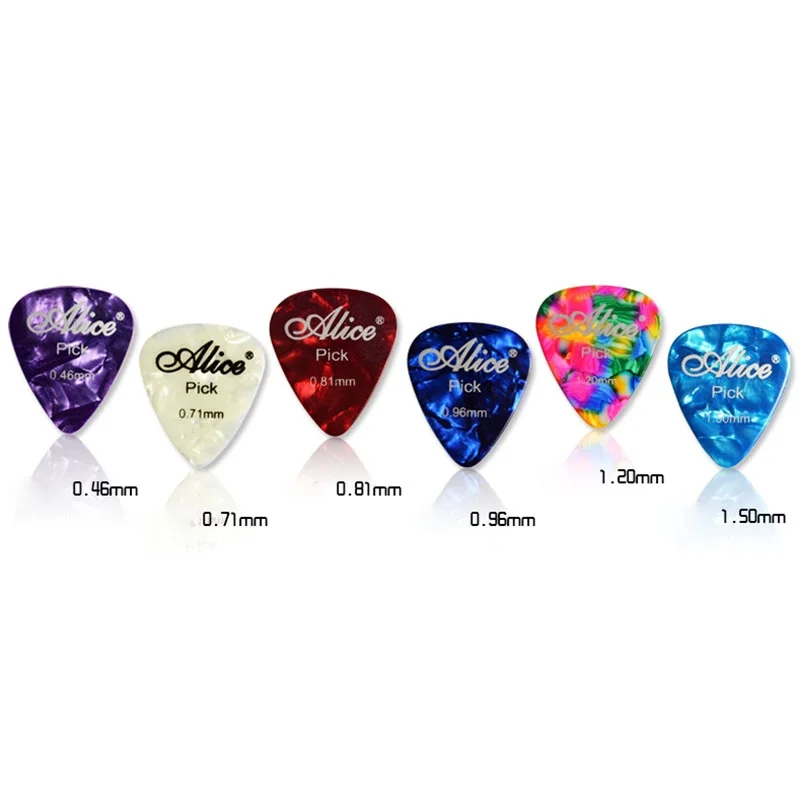 100pcs Alice Celluloid Guitar Picks Plectrum Mediator Gauge 0.46/0.71/0.81/0.96/1.2/1.5mm Random Color Guitar Parts Accessories