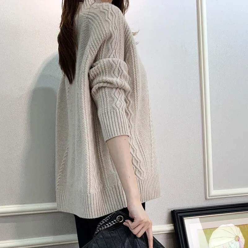 sweater women half high neck loose 100% wool knitted sweater pullover large Solid color size sweater women Spring/Autumn/Winter