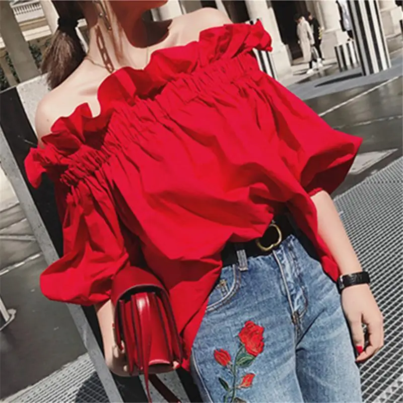Damska koreańska koszulka z falbankami na ramiączkach Top z bufiastymi rękawami Czerwona szyfonowa bluzka Damska koszula oversize Casual Lady Chic New