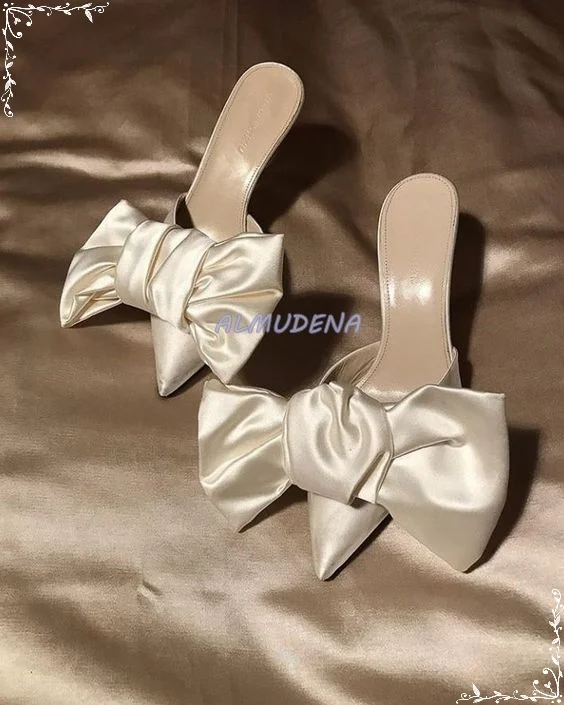 

Silk White Bowknot Pointed Toe Stiletto Shallow High Heel Sandals Women's Summer Sexy New Stylish Weding Shoes Outside Slipper