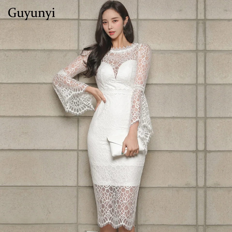 

White Sexy Lace Dress Spring High Waist Tight Perspective O-Neck Flared Sleeves Temperament Elegant Party Dress Women