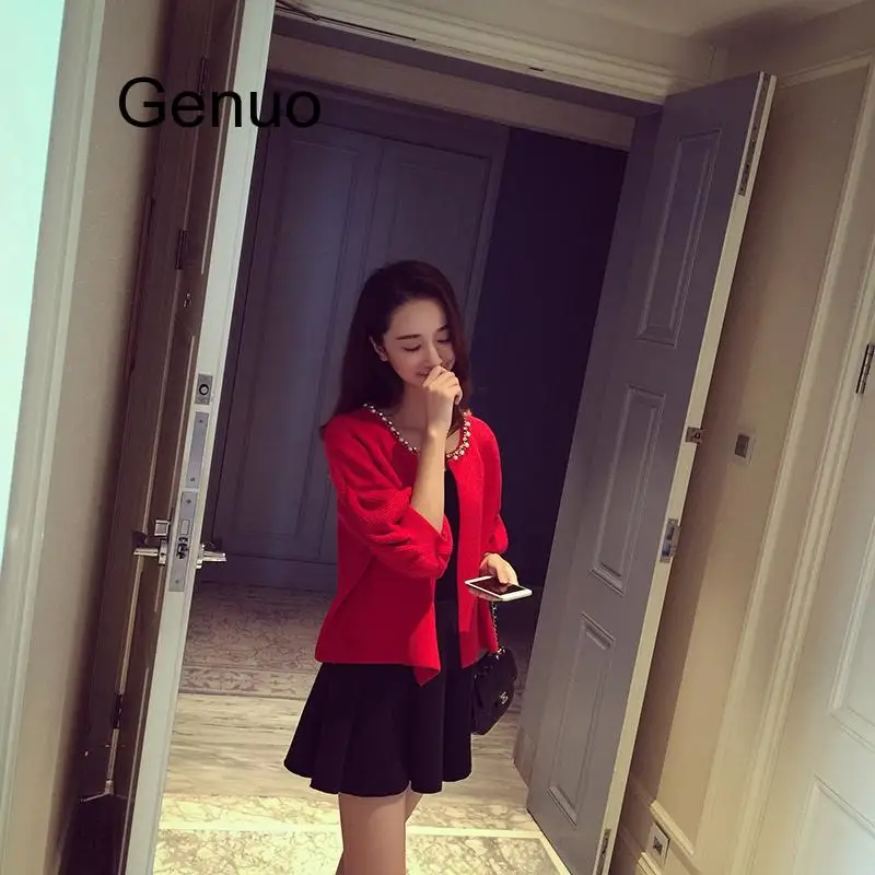2020 Women Knitted Sweater Korean Style  Loose Coat O Neck Diamond Bead Collar Sweet Sweaters Cardigan Jacket