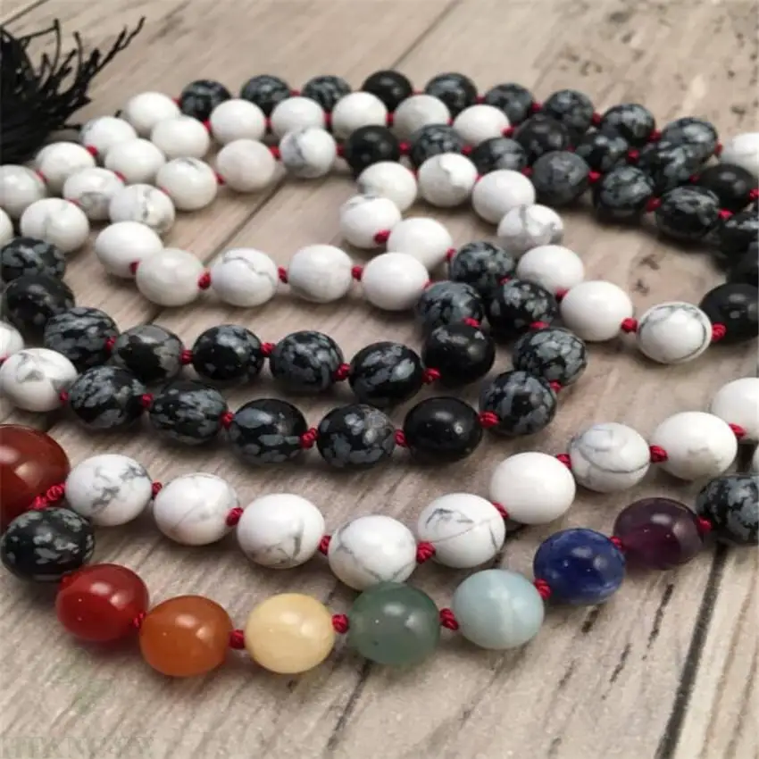 8mm Howlite Alabastro 7 Chakras Gemstone Tassel Mala necklace Healing Wrist Unisex Reiki Lucky Stress chain MONK Prayer Men