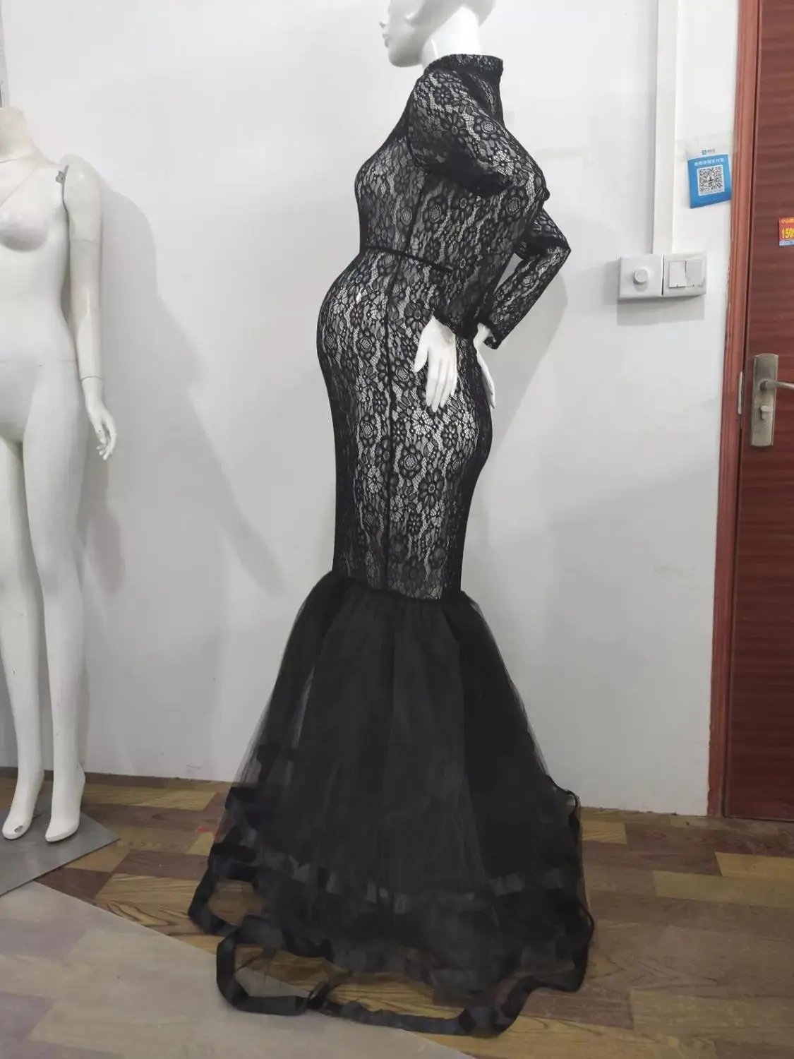 Robe Maxi en Dentelle Noire à Col Roulé pour Femme Enceinte, Tenue de Grossesse à Manches sulfpour Séance Photo