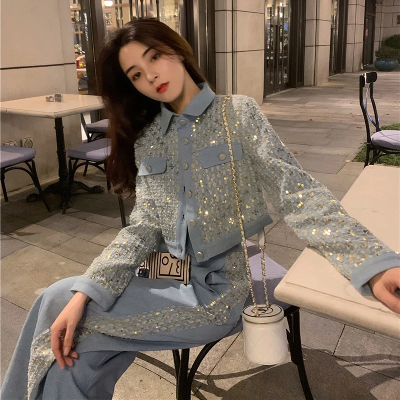 Luxury Design Denim Women Pants Two Piece Set Women Sequined Embroidery Button Jacket Coat + High Waist Wide Leg Trousers Suits