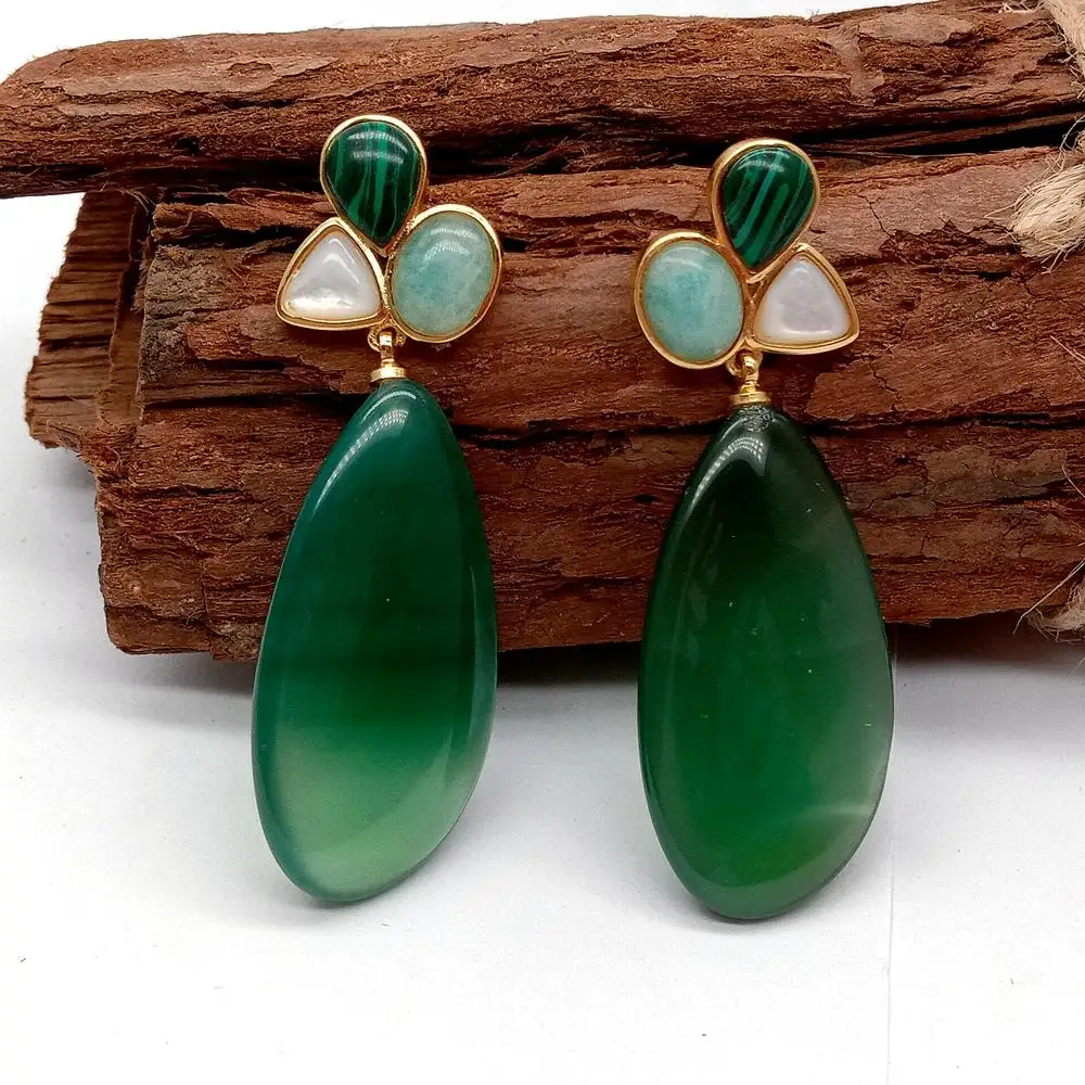 Y·YING Green Agates White Shell Peruvian Amazonite Dangel Stud earrings luxury style for women