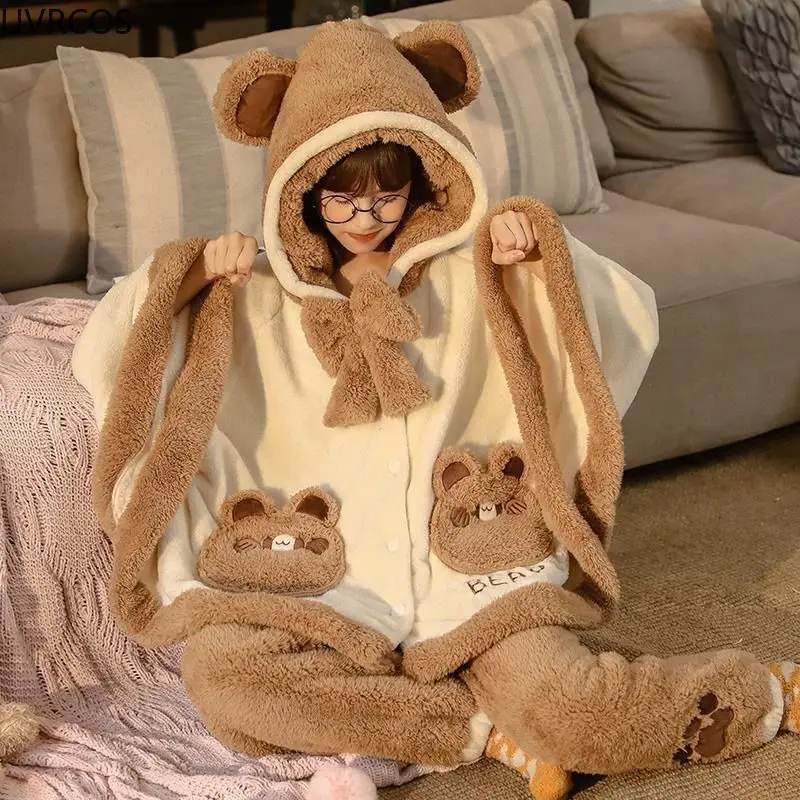 Japan Cute Lolita Pajamas Sets Girls Sweet Bear Ear Hooded Coral Fleece Cloak Sleepwear Women Winter Kawaii Home Clothes Pyjamas