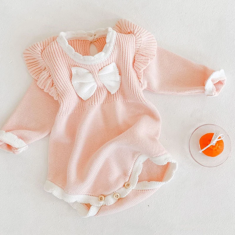 Newborn Rompe Toddler Baby Girl Knitt Romper Princess Bow Autumn Winter Infant Baby Girls Jumpsuit Baby Girls Knitting Clothes