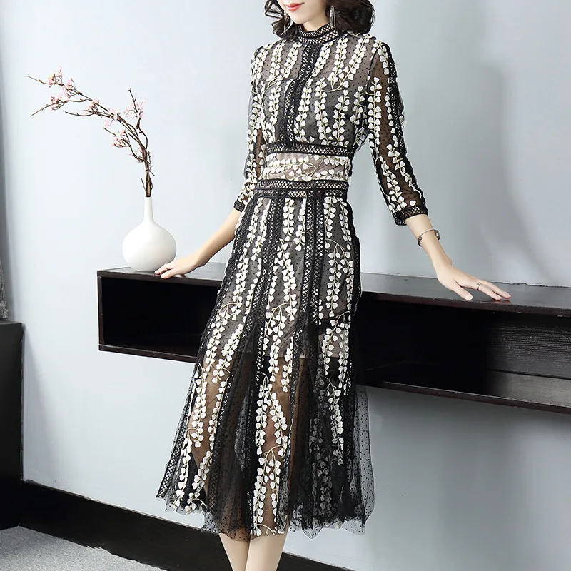 2019 autumn fashion elegant long dress women lace patchwork Embroidery dresses three quarter sleeve stand collar Dress