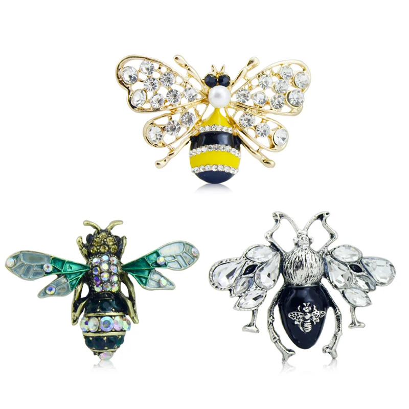 Antique Silver Color Enamel Bee Insect Brooch Buttons Crystal Rhinestone Flat Sewing Decoration Hair Bow DIY For Jewelry Making