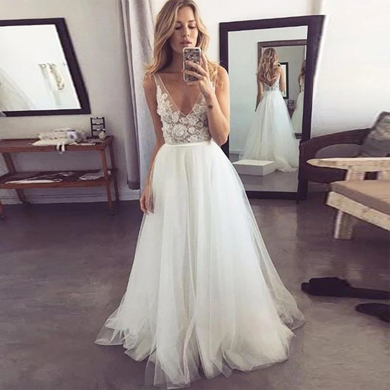 2023Sexy Illusion V-hals Boho Land Trouwjurken Sleeveless Applicaties Kant Backless Bohemian Lange Bridal Wedding Dress