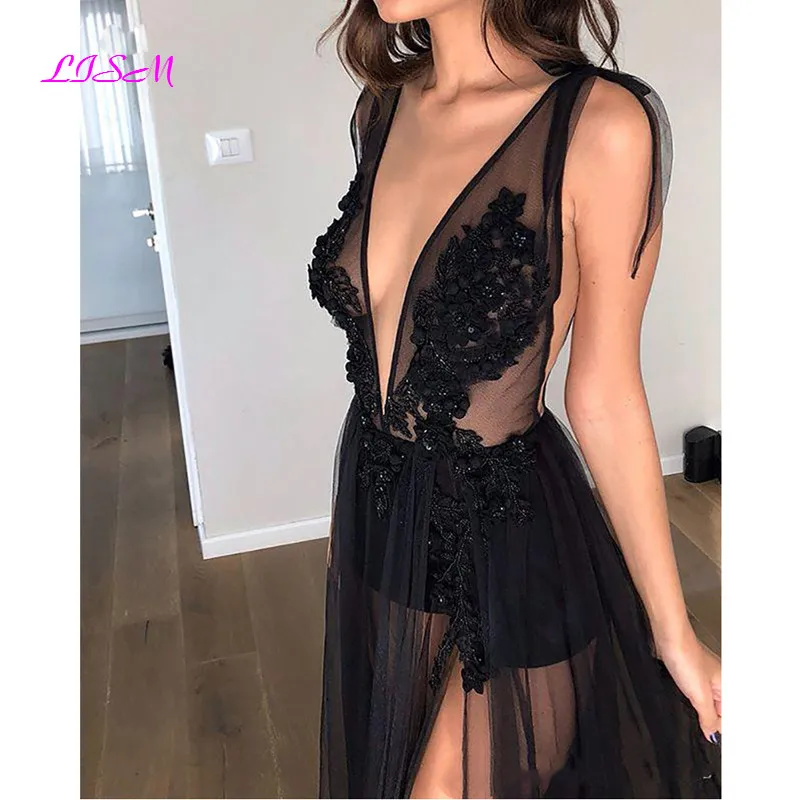 Lace Evening Dress Formal Wear High Split A-Line Prom Gowns See Through Long Evening Party Dress