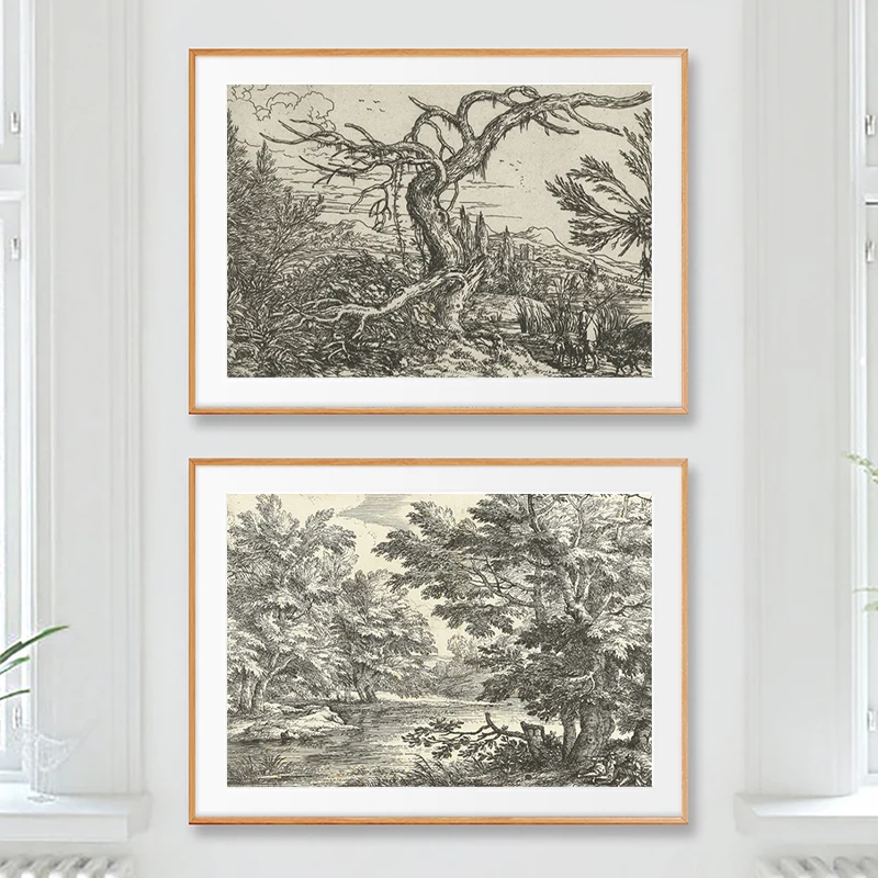 Rustic Tree Sketch Drawing Art Prints Vintage Country Landscape Painting On Canvas Poster Neutral Wall Pictures for Living Room