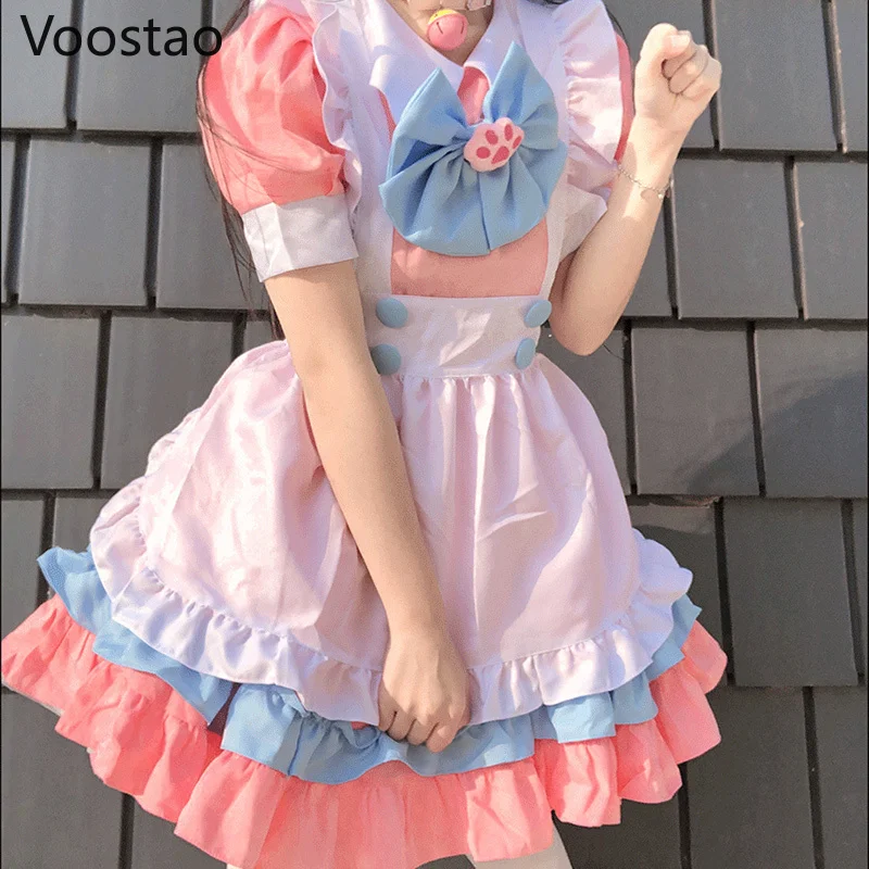 Vestito dolce giapponese Lolita vestito da donna carino rosa blu increspature di pizzo fiocco di zampa di gatto vestito Lolita ragazza Kawaii vestito da cameriera da festa 4XL