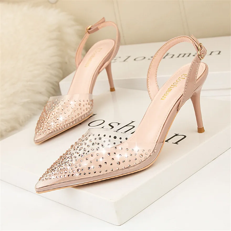 2024 transparente Strass Mode Sandalen für Frauen Rückens chnalle High Heel Schuhe spitzen Zehen Kristall flache Damen Kleid Pumps