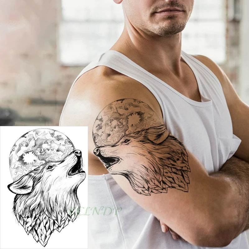 Waterproof Temporary Tattoo Sticker roaring wolf head animal plent tatto big black flash tatoo fake tattoos for men women kid