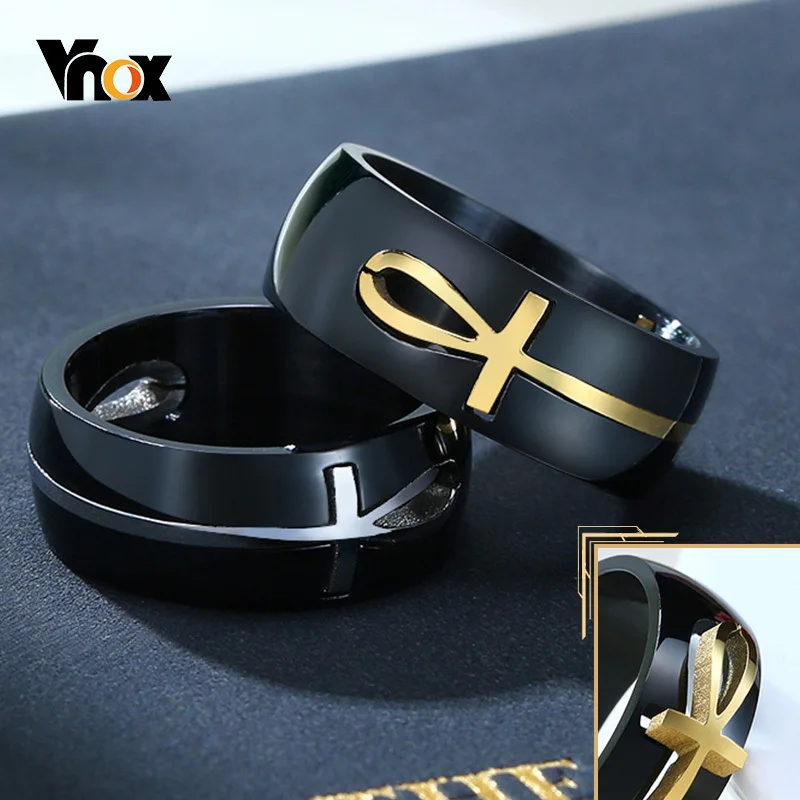 Vnox Men's Two Tones Removable Ankh Egyptian Cross Ring Stainless Steel Detachable Allah Male Religious Jewelry