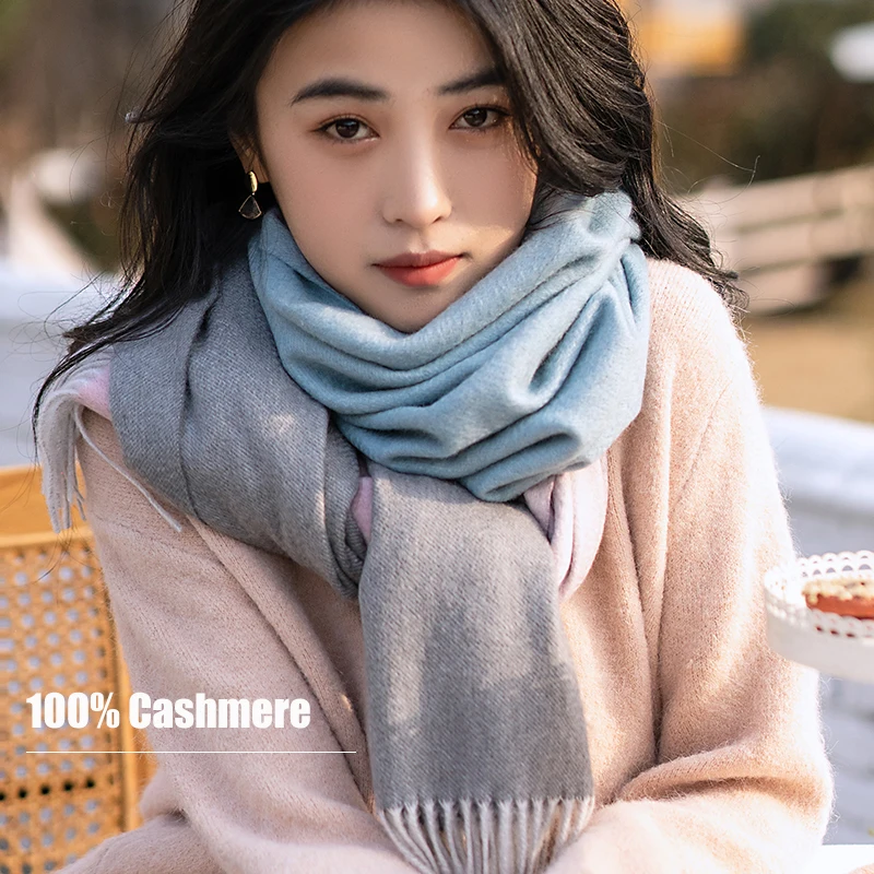 Winter Cashmere Scarf Women Warm Neck Scarves Gradient Fashion Pashmina Luxury Soft Blue Shawl Wrap 100% Pure Cashmere Scarf