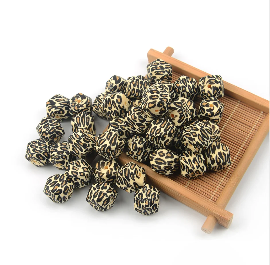Chenkai 50PCS Silicone 14MM 17MM Hexagon Leopard Beads BPA Free DIY Bead Chewing Pacifier Dummy Baby Teether Chain Accessories