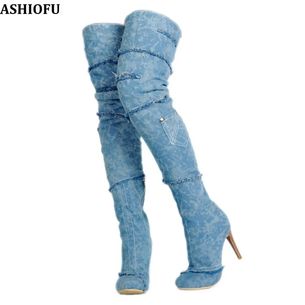 

ASHIOFU Handmade Women High Heel Boots Denim Leather Sexy Party Prom Thigh High Boots Club Evening Fashion Long Boots Shoes