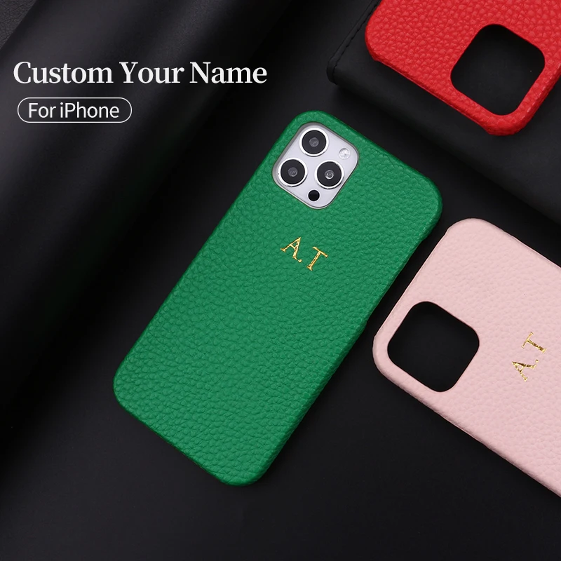 Personalized Pebble Grain Leather Phone Case Initial Name DIY iPhone 11 12 13 14 15Pro XR XS Max