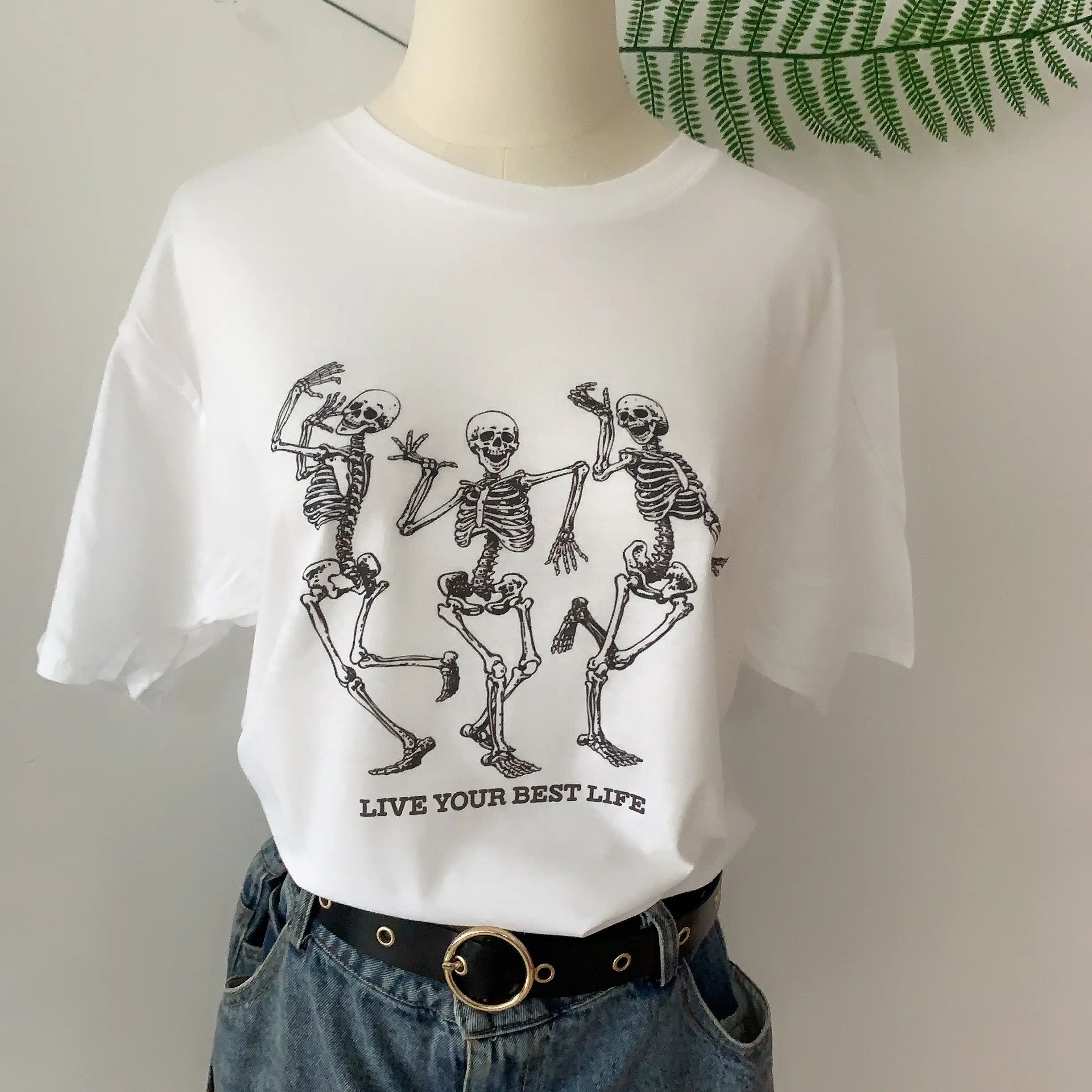 sunfiz HJN Live Your Best Life Angel Skull T Shirt Fashion Tees Skeleton Print Aesthetic T-Shirt Tumblr Cute GraphicTee