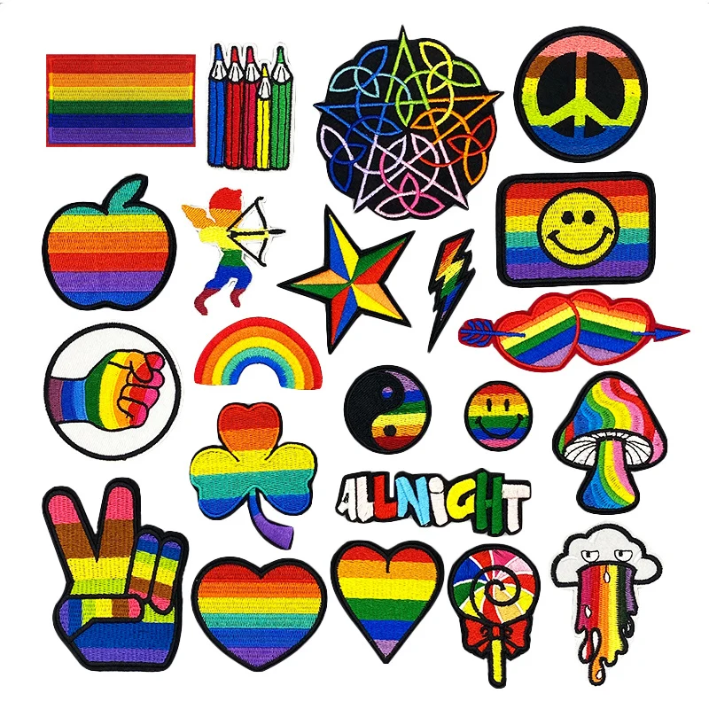 Rainbow Peace clover candy Iron On Patches For Clothing Flag Gay Pride Embroidered Patch Sticker On Clothes DIY Appliques Decor