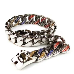 Dog Diamond Collar 32mm Stainless Steel Pet Collar Leash Metal Chain Luxury Crystal Large Dog Collar Leather Pitbull Bulldog