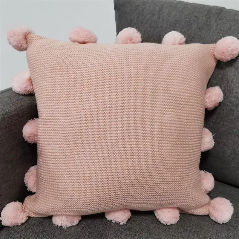 OEM Lovely Cute Knitted Cushion Cover Sofa Decorative Throw Pillowcase With Pompons From Factory For Home Living Room