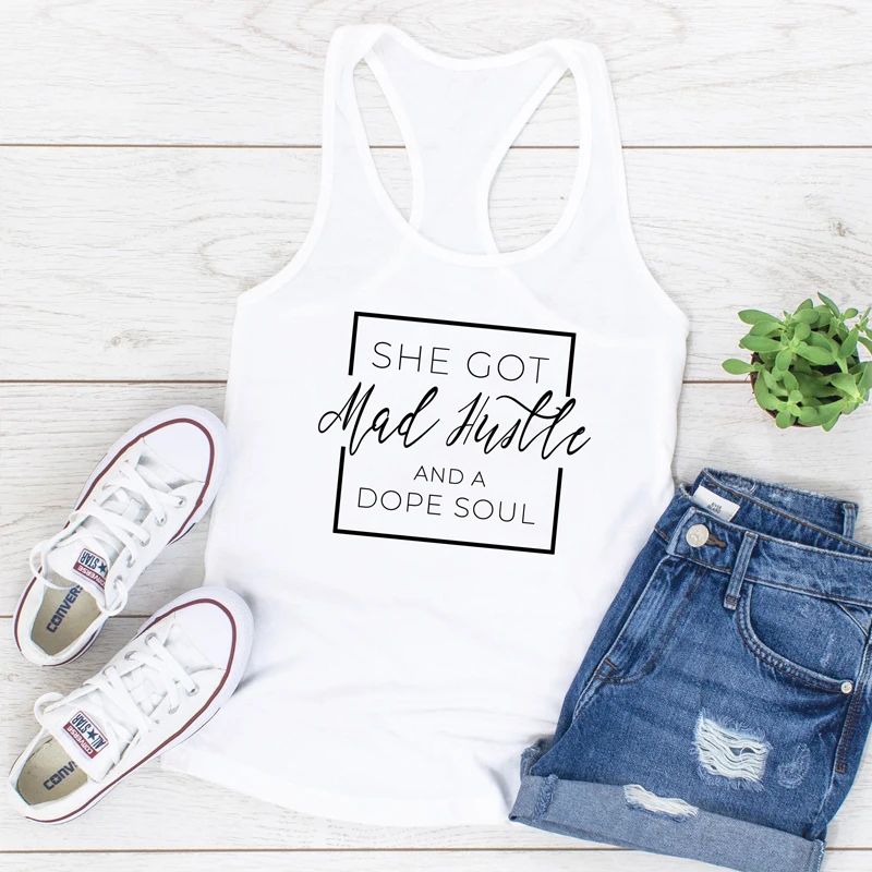 Casual Sleeveless Slogan Gym Workout Shirt She Got Mad Hustle and A Dope Soul Tank Tops Women Flowy Racerback Black Running Tank