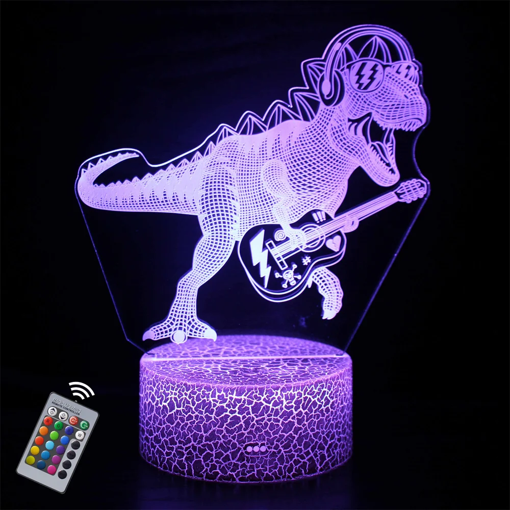 Dinosaur Play Guitar 3d Lamp Illusion Night Light for Children Bedroom Decoration 16 Colors with Remote Gifts Toys for Boys Kids