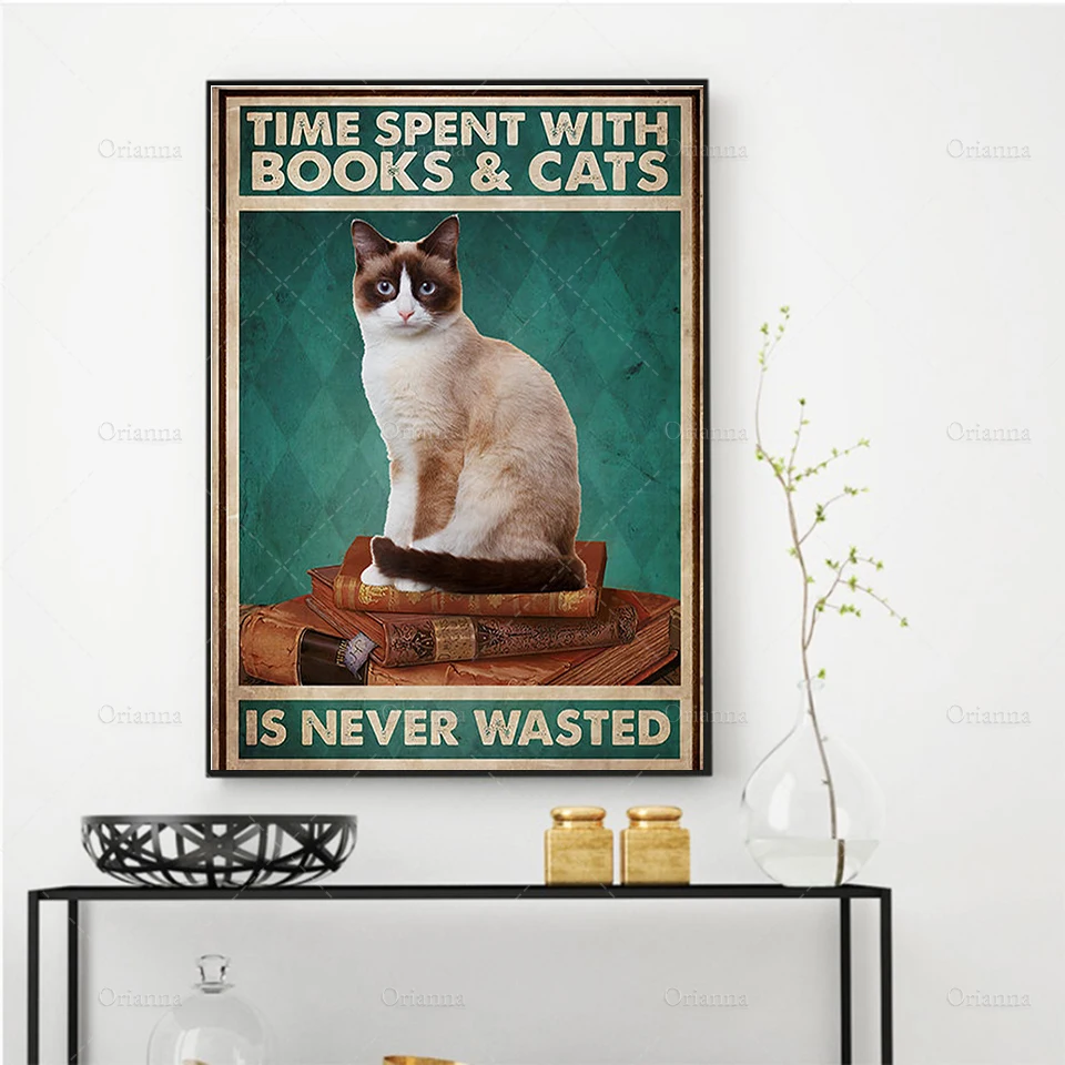 

Time Spent with Books and Cats is Never Wasted, Cat Poster, Cat Print, Book Lover Art Print, Gift idea Wall Art Poster Print