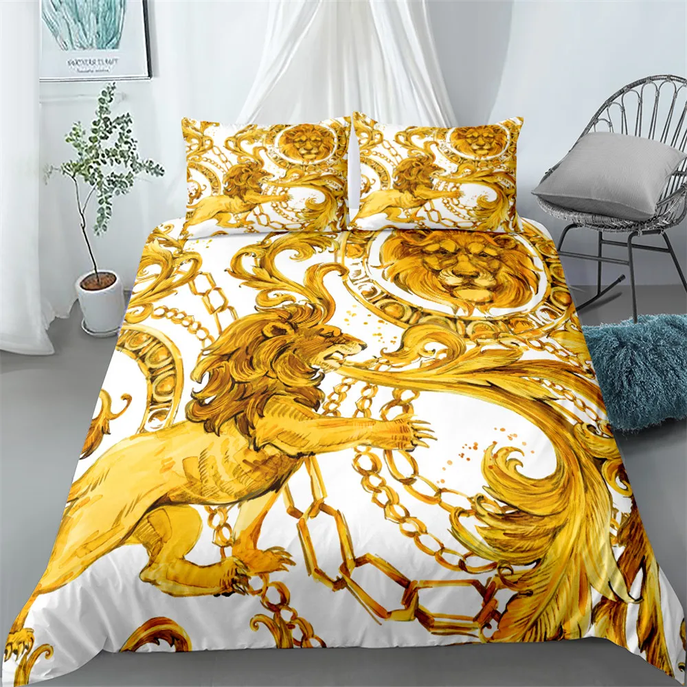 hand painting lion golden bedding set king queen double full twin single size bed linen set