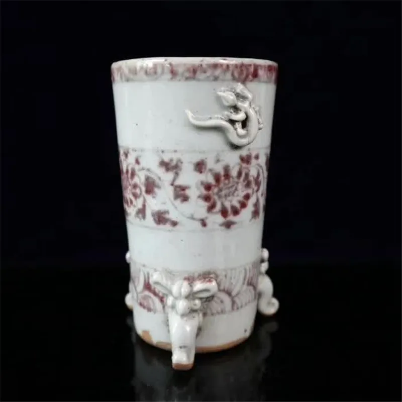 Jingdezhen Underglaze Red Porcelain Tangled Branches Lotus Flower Painting Round Pen Container Double Ears Pen Container