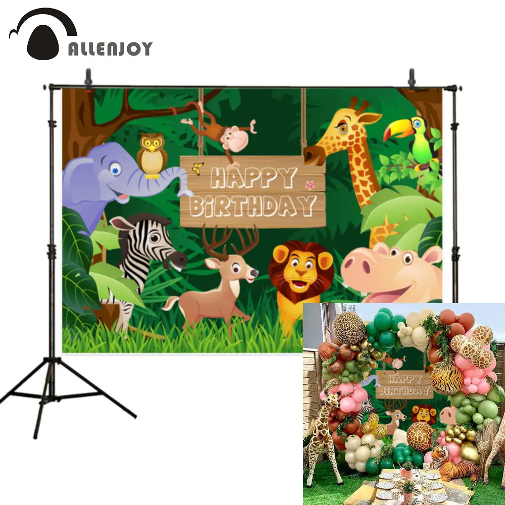 

Allenjoy Woodland Animal Birthday Backdrop Kids Jungle Elephant Lion Safari Party Banner Photography Background Photo Zone