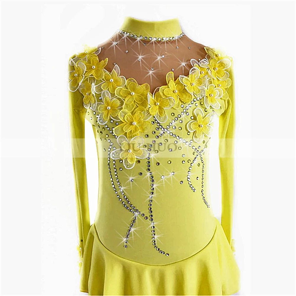 LIUHUO Ice Figure Skating Dress Women\'s Girls\' Competition Performance Costume Dance Leotard Rhythmic Gymnastics Teen Yellow Kid