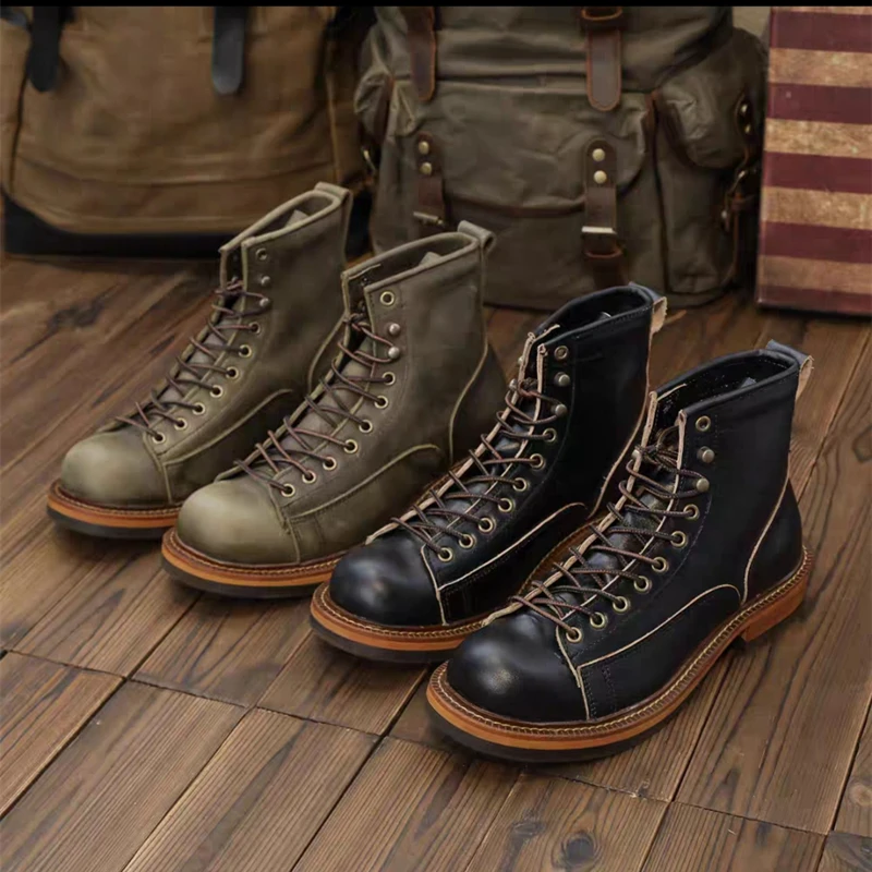 New Japanese Round Toe Handmade Men Shoes Vintage British Cow Leather Ankle Boots Autumn Winter Tooling Work Motorcycle Boots