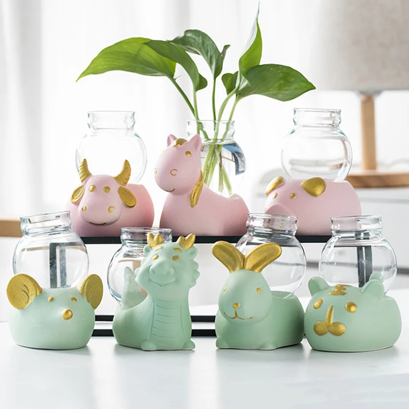 

Home Decoration Zodiac Animal Hydroponics Resin Figurines Desktop Decoration Ornament Cute Animal Flower Pots Plants Holder Gift