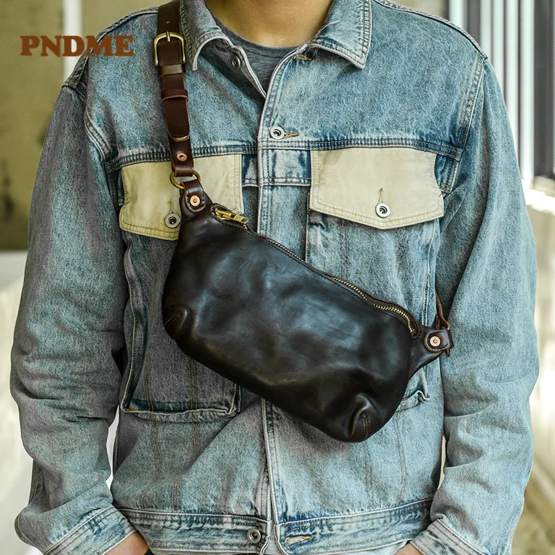 PNDME fashion high-quality design handmade Genuineleather chest bag retro distressed washed cowhide casual waist bag for men