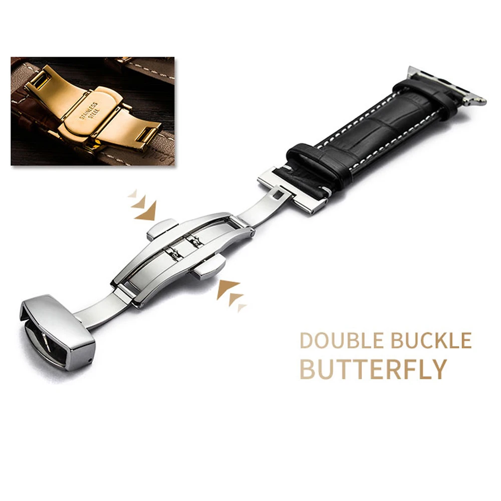 Butterfly buckle Leather strap For Apple watch band 44mm 40mm 45mm 41mm 42mm 38mm 44 mm Iwatch bracelet apple watch 7 6 se 5 4 3