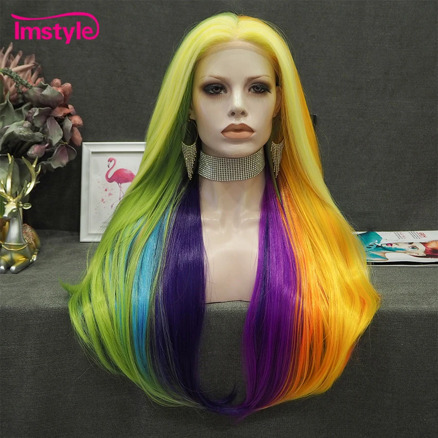 Imstyle Colorful Wig Long Synthetic Lace Front Wig Noctilucent Hair Heat Resistant Fiber Straight Rainbow Wigs For Women Party