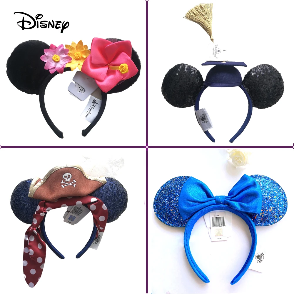 Disney Mickey Minnie Ears Headband  Cosplay Hairband Disneyland Sequin Girl Big Bow Headband DecoratePlush Adult/Kids Headband