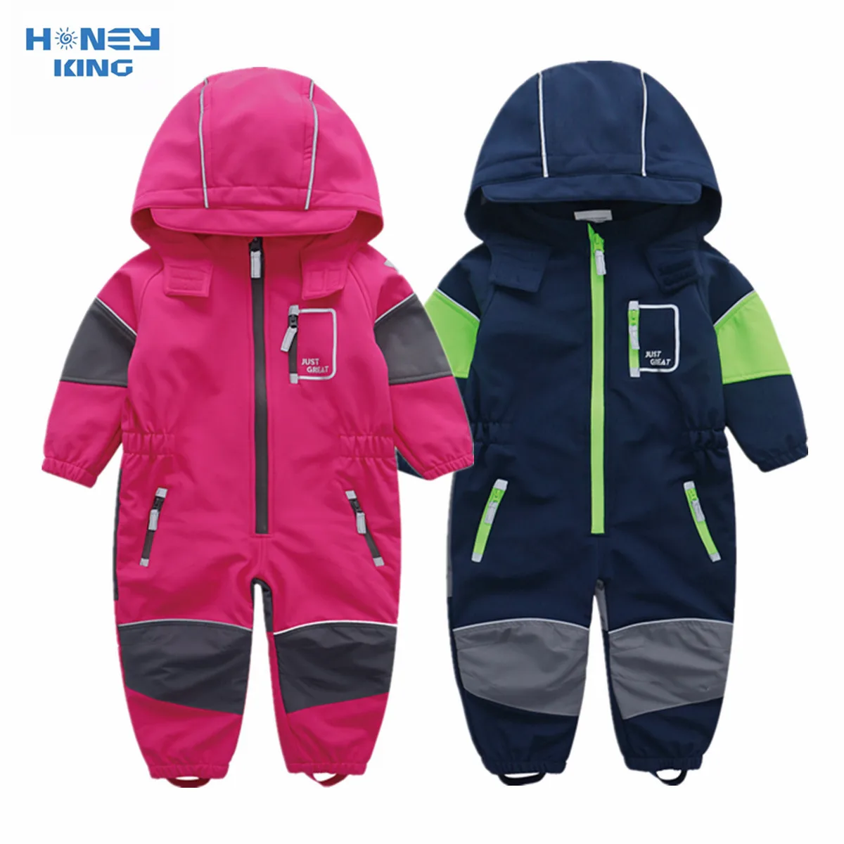 HONEYKING Children\'s Softshell Overalls Outdoor Hooded Coveralls Baby Rompers Windproof Waterproof Jumpsuit Kids Warm Jumpsuit