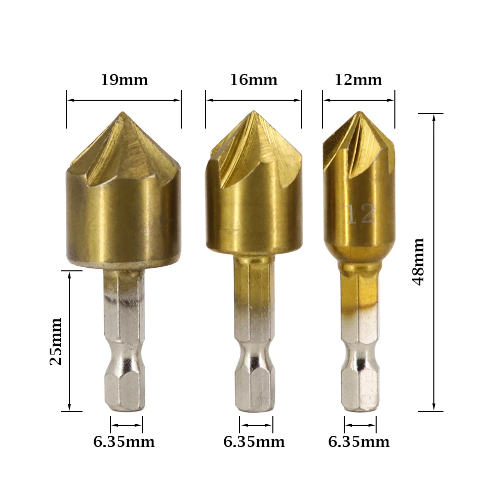 VACK 3Pcs 6Pcs HSS 1/4" Hex Shank Chamfer Countersink Chamfer Drill Bit 90 Degree Wood Chamfering Cutter 6mm-19mm Metal Drills