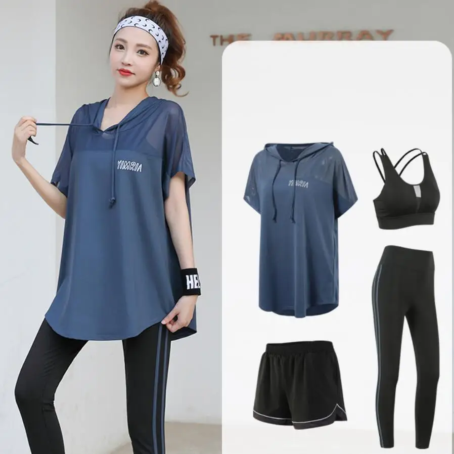 Mesh Hooded T Shirt+Bra+Shorts+Pants Women Quick Dry Yoga Suits Loose Plus Size Fitness Gym Sports Running Sets 2021 Summer Set