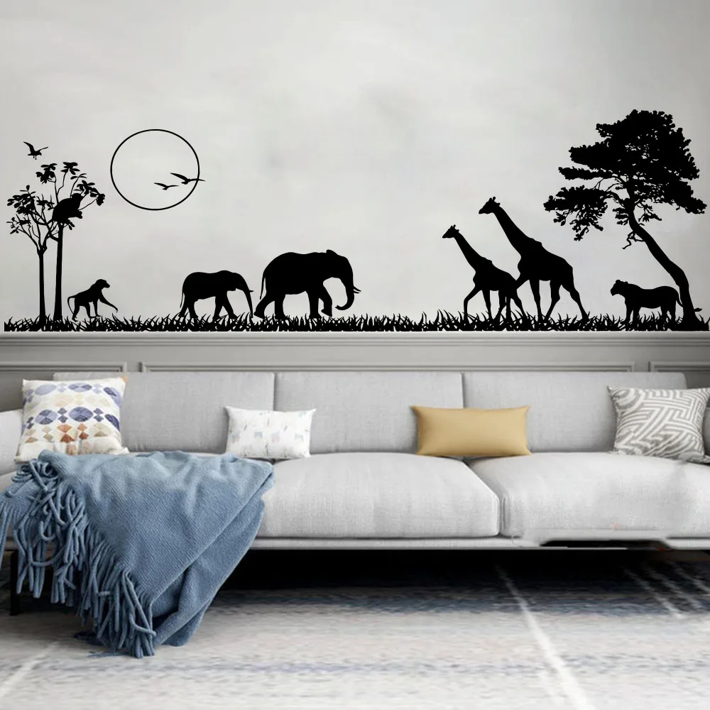 Gran Safari jirafa elefante árbol paisaje pared calcomanía cabecera dormitorio África zoológico Animal bosque vida silvestre pegatina de pared sala de juegos