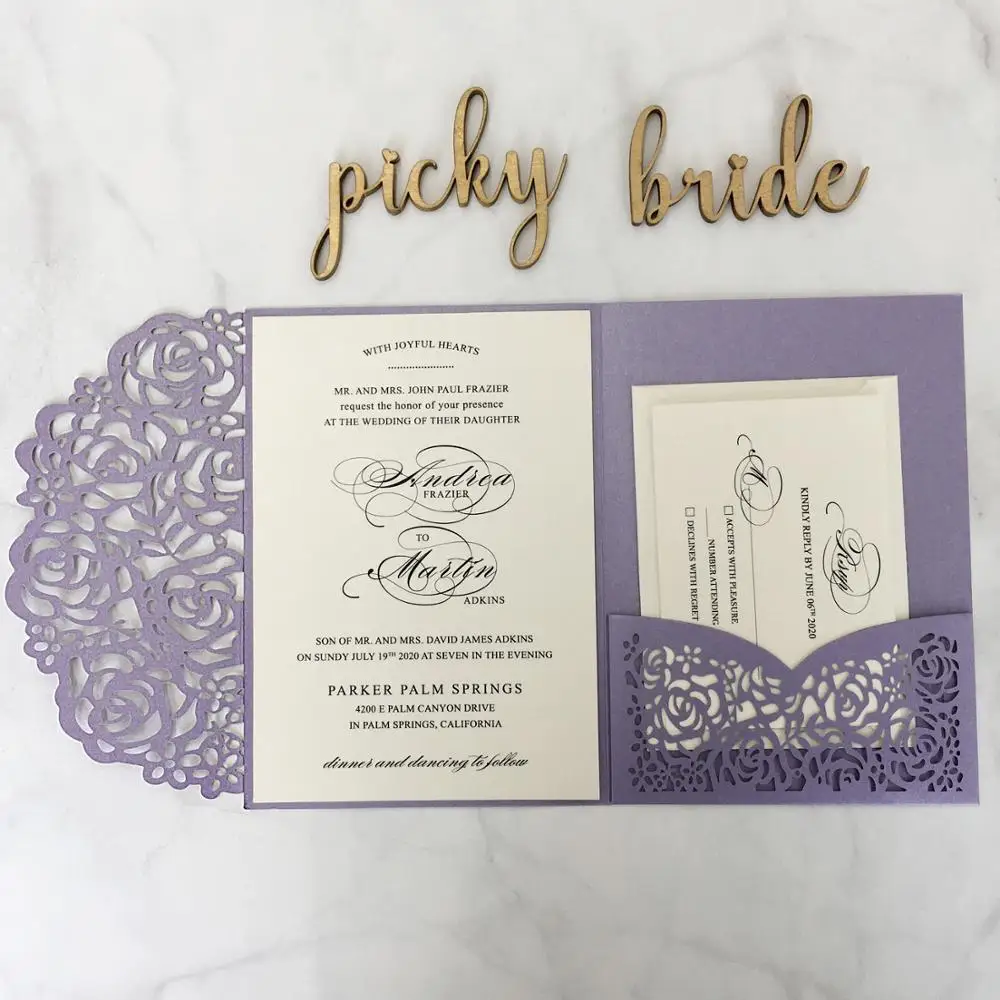 

Wedding Invitation Cards with Envelope Laser Cut Invitations for Purple Theme - Set of 50 pcs