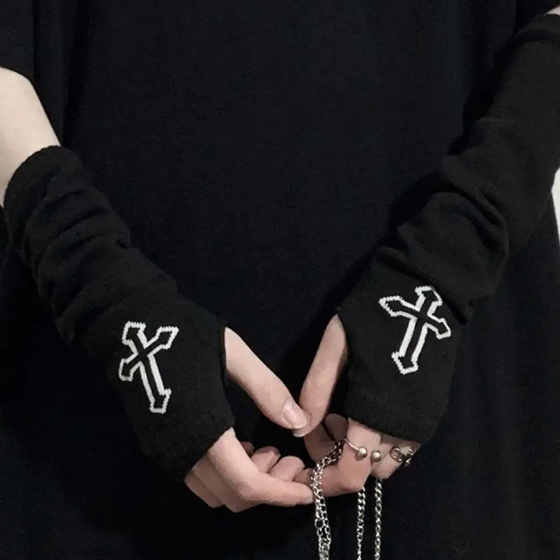 Gothic Harajuku Punk Style Black Cross Half Finger Long Glove Women Knit Length Sleeve Fingerless Gloves Streetwear