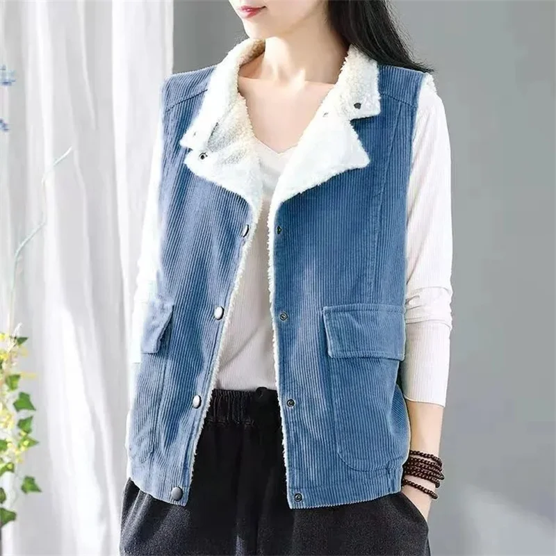 

Women Retro Corduroy Vest Female Add Velvet Thicken Warm Sleeveless Jacket Femme Autumn Winter Lamb Cashmere Lining Waistcoat